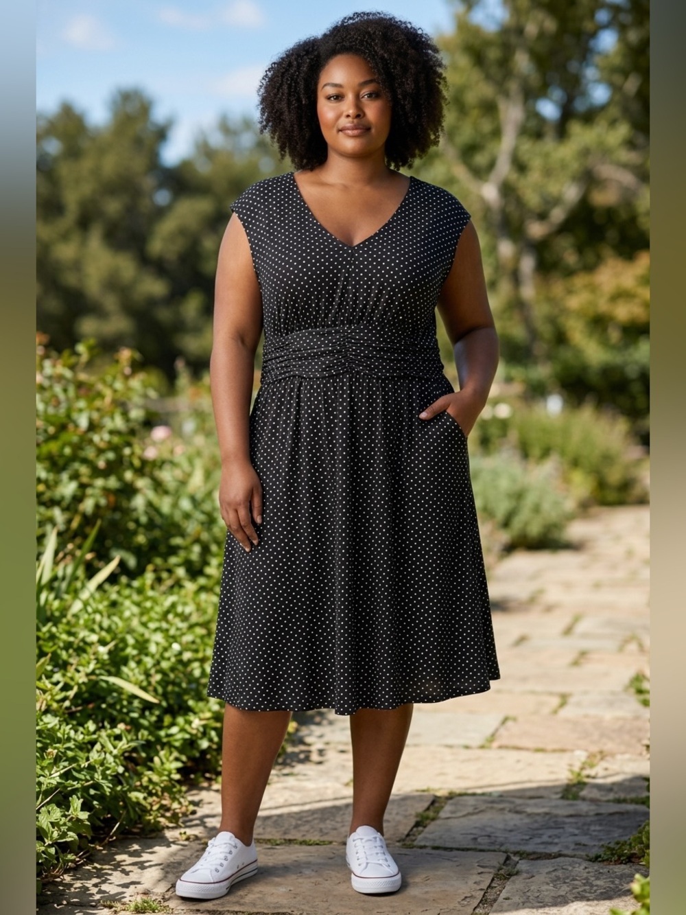 Tessuto Women’s 2X Black White Polka Dot Fit Flare Dress Ruched Waist V Neck
